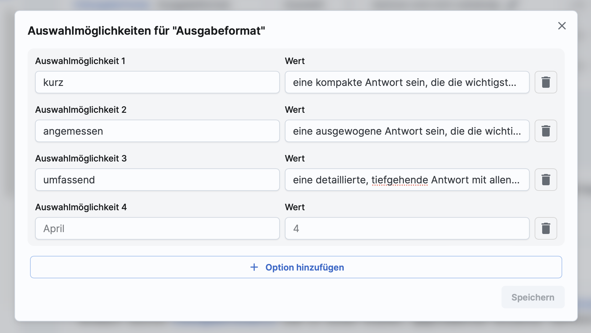 Ansicht der Auswahlmöglichkeiten mit definiertem Wert